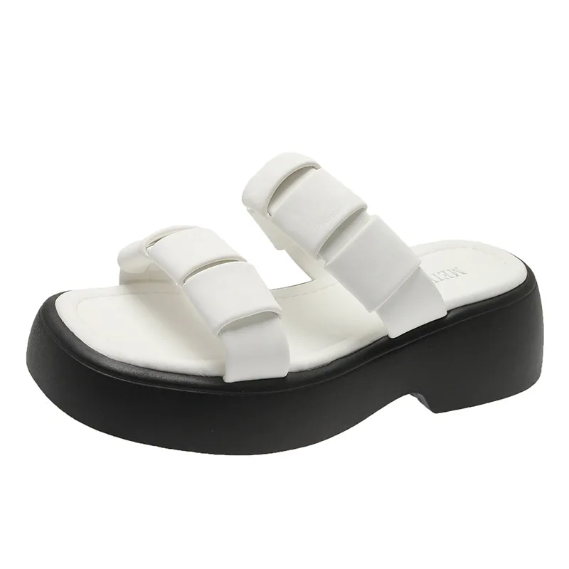 Thick Sole Slippers Women's  Summer New Outwear Square Head Roman Style Versatile Elevated Slippers