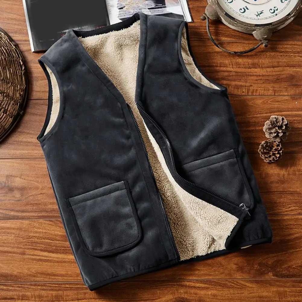 

Men Vest Mid-aged Father Jacket Waistcoat with Plush Lining V Neck Zipper Closure Stylish Winter Vest with Pockets for Men Men