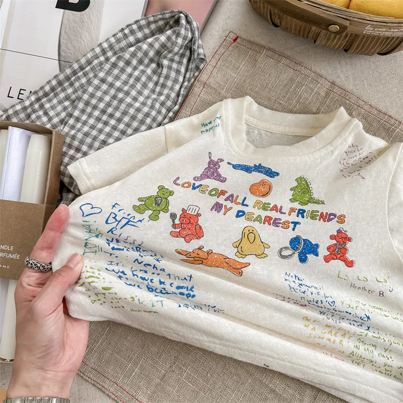 Girls Cute Full Print Pullover Undershirt Cotton Tops For Boys Soft Tee Children Cartoon High Quality Boutique Versatile T-shirt