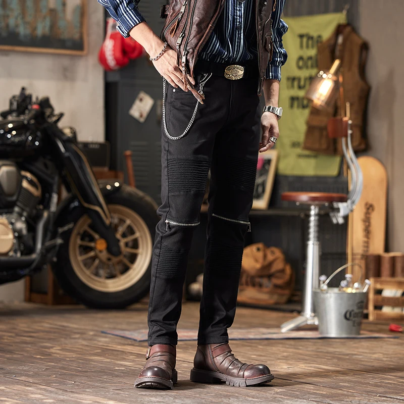Black Jeans Men's 2024 New High-End Street Trend Slim-Fitting Cool Zipper Stitching Motorcycle Skinny Stretch Tight Trousers