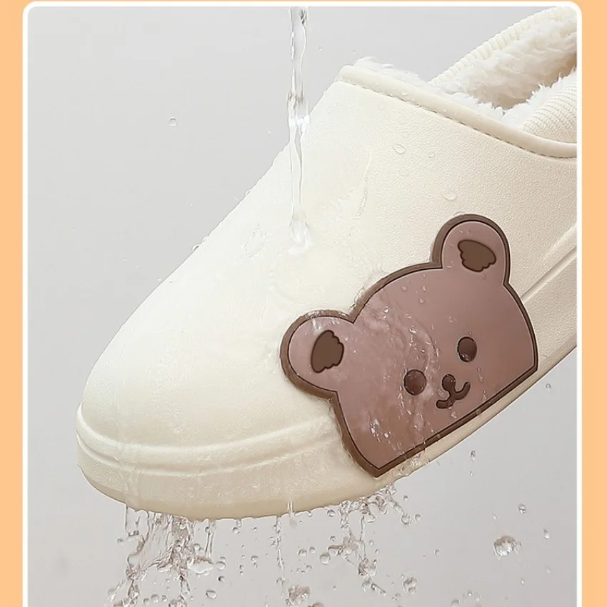 Cotton Fuzzy Slippers Women Home Winter Warm Plush Indoor Ladies Shoes Slides Cartoon Bear Female Kawaii Waterproof Slippers Men