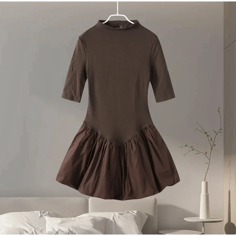 Elegant Knitted Patchwork Brown A-line Dress Women O-neck Short Sleeves Pleated Ruffles Mini Dresses 2025 Lady Solid Vestidos