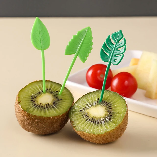 10 Darabos Műanyag Gyümölcs Villák Mini Rajzfilm Levél Alakú Snack Desszert Torta Dekoráció Ételek Válogatás - Image 2