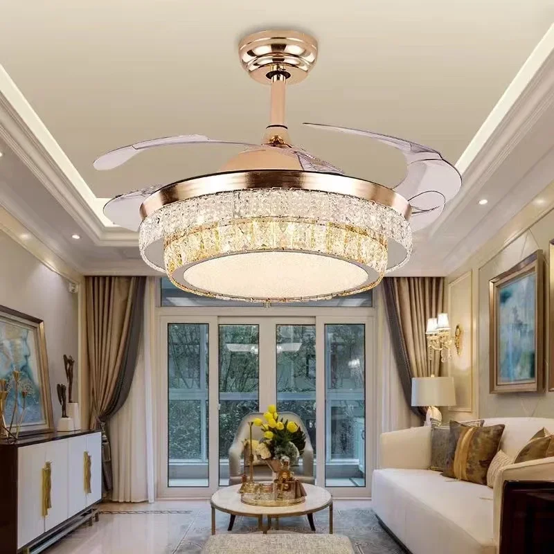 

Modern Living Room Invisible Ceiling Fan Light Remote Control Luxury Crystal Ceiling Fan Light Home Decoration Electric fan