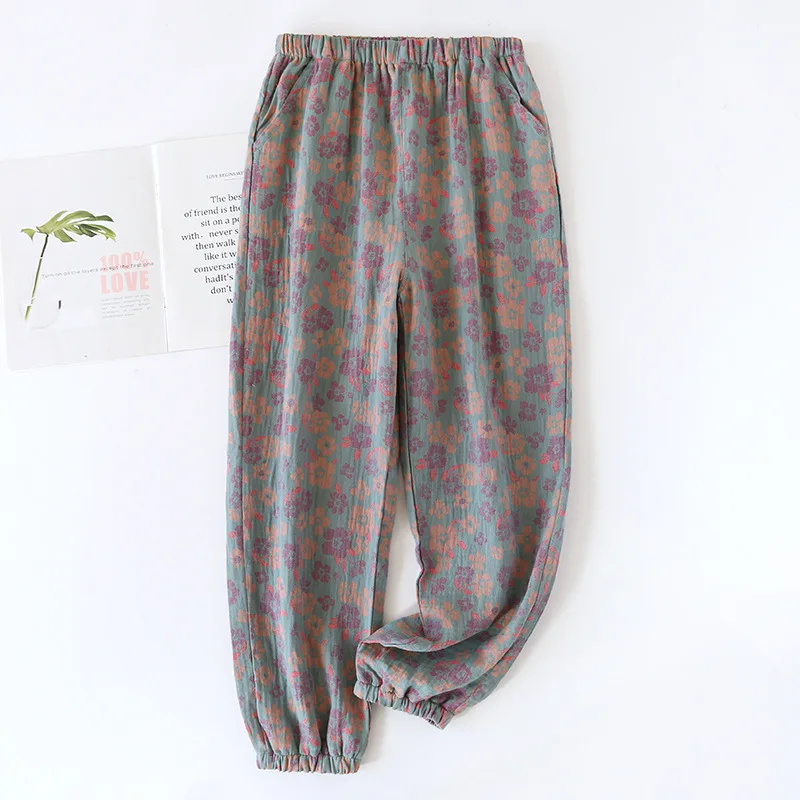 2024 Spring/Summer New Women's Sleeping Pants 100% Cotton Jacquard Cute and Fresh Flower Pants Loose Closing Home Pants Ladies