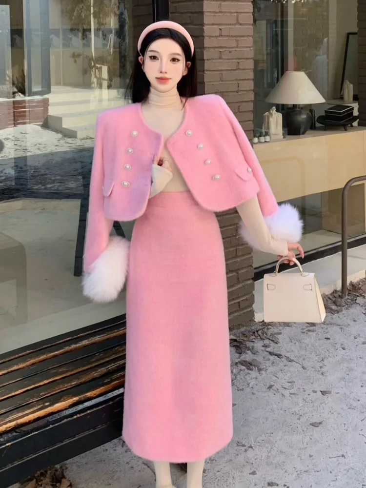 

High Quality Winter Small Fragrance Two Piece Set For Women Short Jacket Coat + Skirt Suits Korean Fashion Sweet 2 Piece Outfits