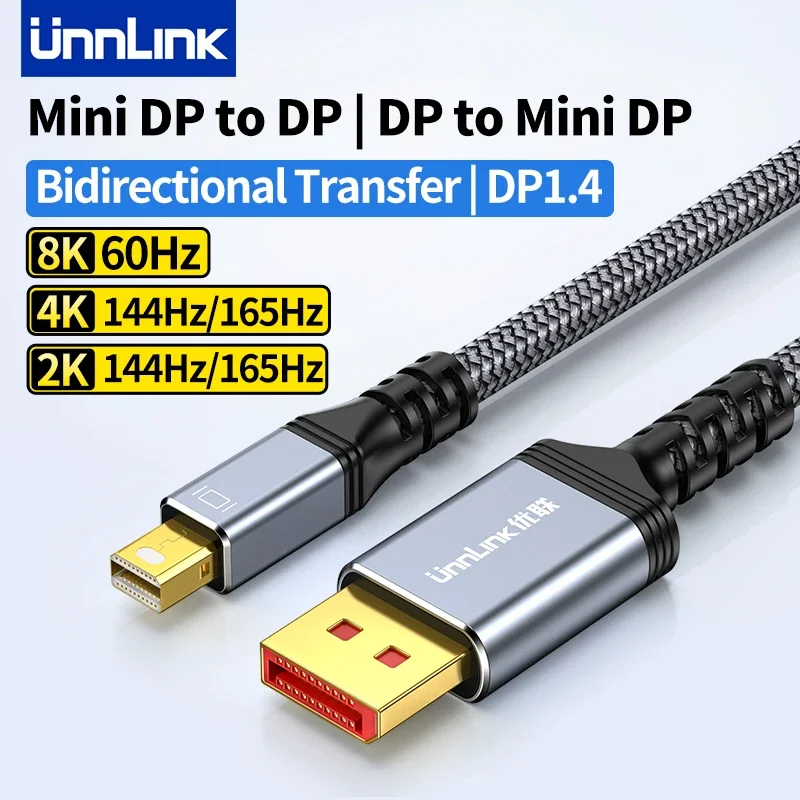 Unnlink 8K Mini DisplayPort to DP 1.4 Cable Bidirectional 4K 144Hz/2K 165Hz Mini DP Thunderbolt 2 to for Macbook Air Surface displayport cable dp adapter usb c to displayport cable