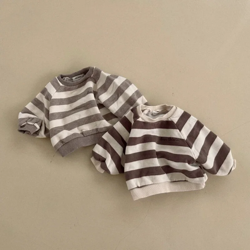 

Korean Wide Striped Round Neck Plush Thick Top for Boys Girls Loose Warm Sweaters for Spring Autumn Winter Unhooded