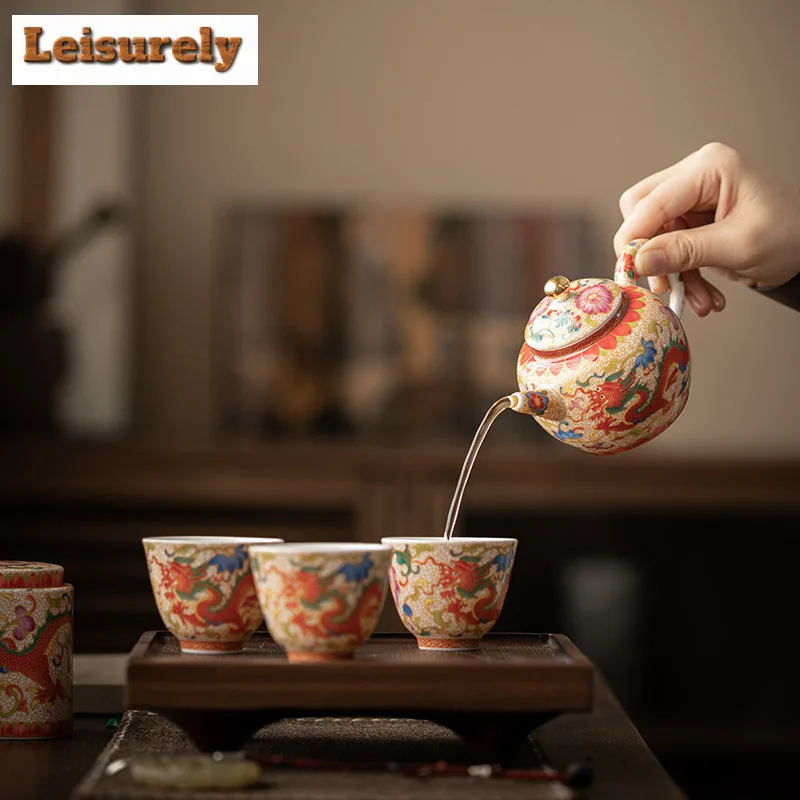 Color Enamel Auspicious Dragon Peony Teaset Complete Set Traditional Tea Ceremony Set Teapot And Tea Cup Set Chinese Teaset Gift