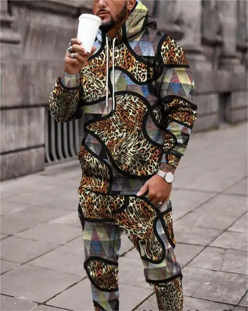 

Мужской спортивный костюм из двух предметов, флисовая толстовка с длинным рукавом и штаны с леопардовым принтом, Осень-зима 2023