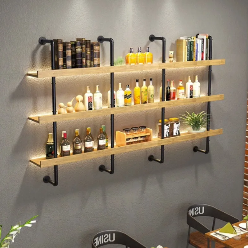 Wooden Wine Rack Industrial Wall Wrought Iron Bar Wine Display Cabinet Living Room Hotel Mini Bar Showcases Furniture with Light