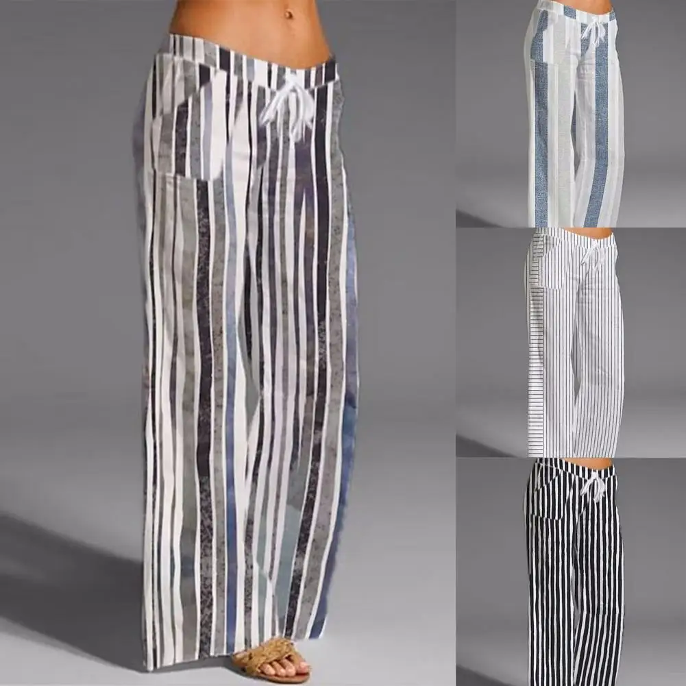 

Women Striped Print Casual Pants Mid-rise Drawstring Wide Leg Flared Pants Pockets Long Trousers Streetwear pantalones de mujer