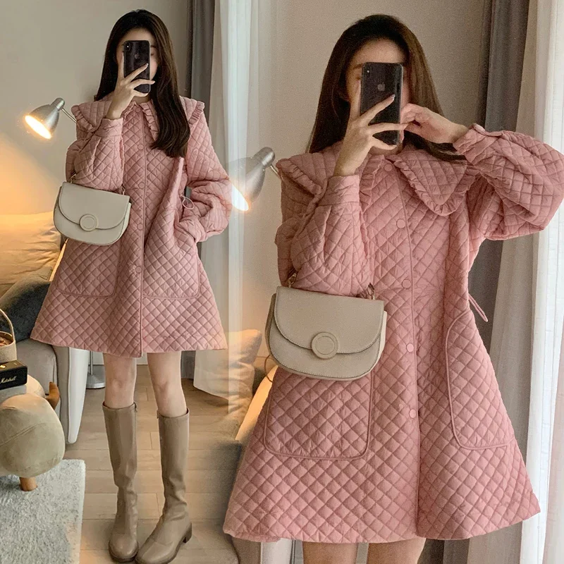 Pregnant Women's Large Size Coats Loose Design Doll Collar Cotton Jacket Sweet Maternity Pink Plaid Jackets A-line Coat