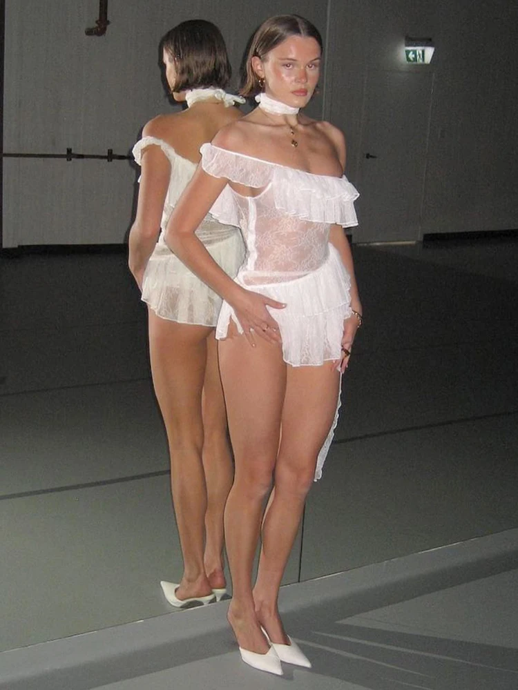 JULISSA MO Sexy See Through Lace Ruffle Women Dress White Off Shoulder Evening Dress Female Summer Skinny Elegant Beachwear 2025