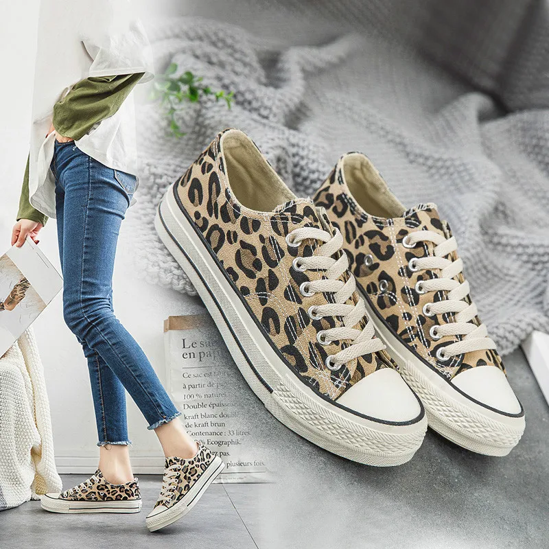 Leopard Canvas Shoes Women Flat Platform Sneakers  Casual  Woman High Top Tenis Mujer   