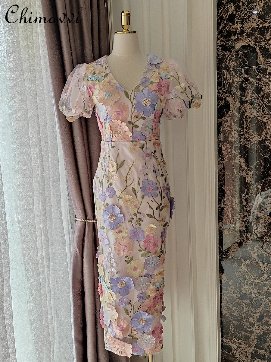 

Summer French Fashion Mesh Exquisite Flowers Embroidered Dress Heavy Slim-Fit Slit Hip-Wrapped Puff Sleeve Elegant Ladies Dress