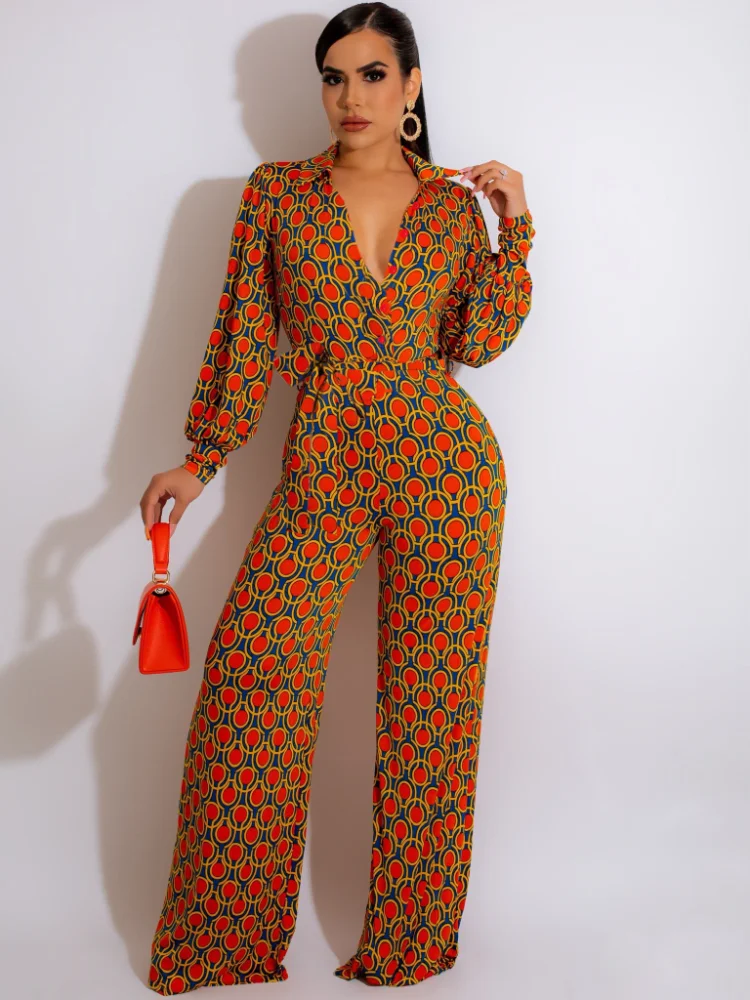 

Fashion Printed Long Sleeved V-neck Women's Jumpsuit