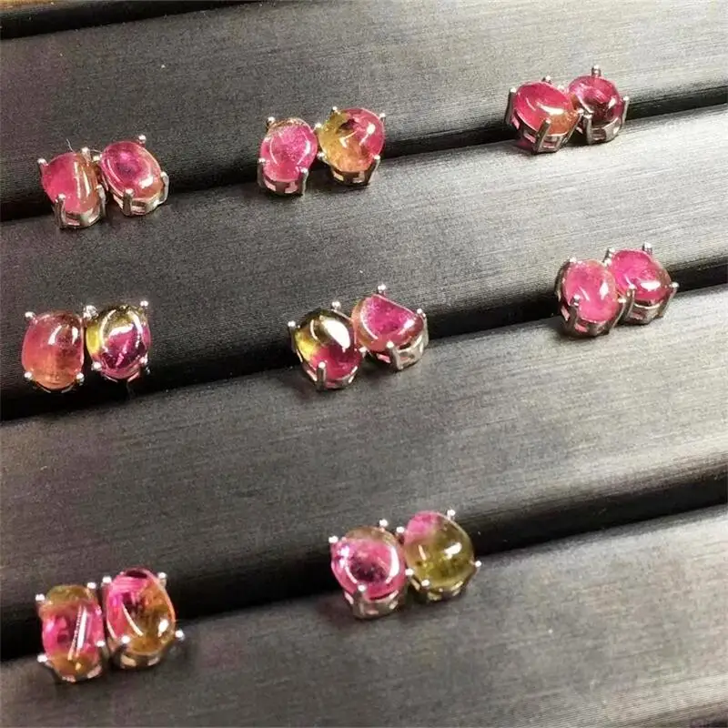 

S925 Natural Watermelon Tourmaline Quartz Earrings Colorful Jewelry Fashion Gemstone Wedding Party Birthday Gift 1pair