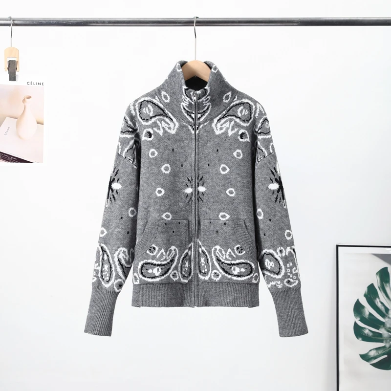 Vintage Stricken Jacquard Stehkragen Frauen Strickjacke Zipper Volle Hülse Taschen Lose Pullover Neue 2026 Frühling Dame Weiche Strickwaren – Detail 8