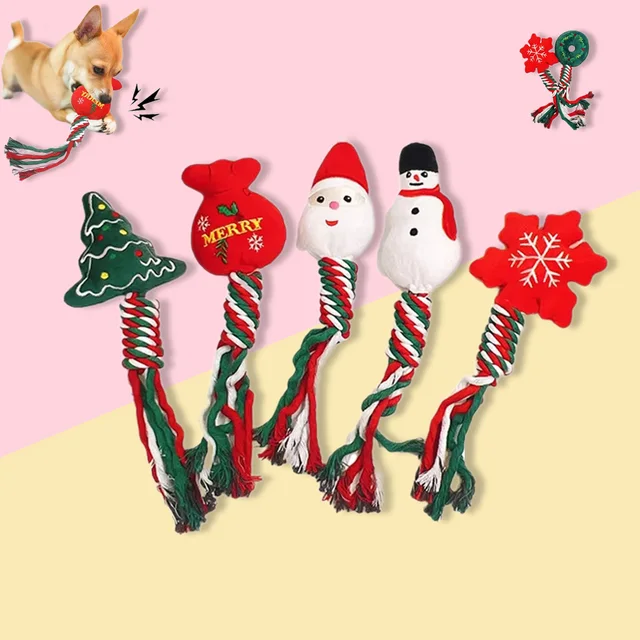 Christmas Interactive Squeaky Dog Plush Toy with Ropes Knot for Relieve Boredom Dog Chewing Plush Toy for Teeth Cleaning for Dog