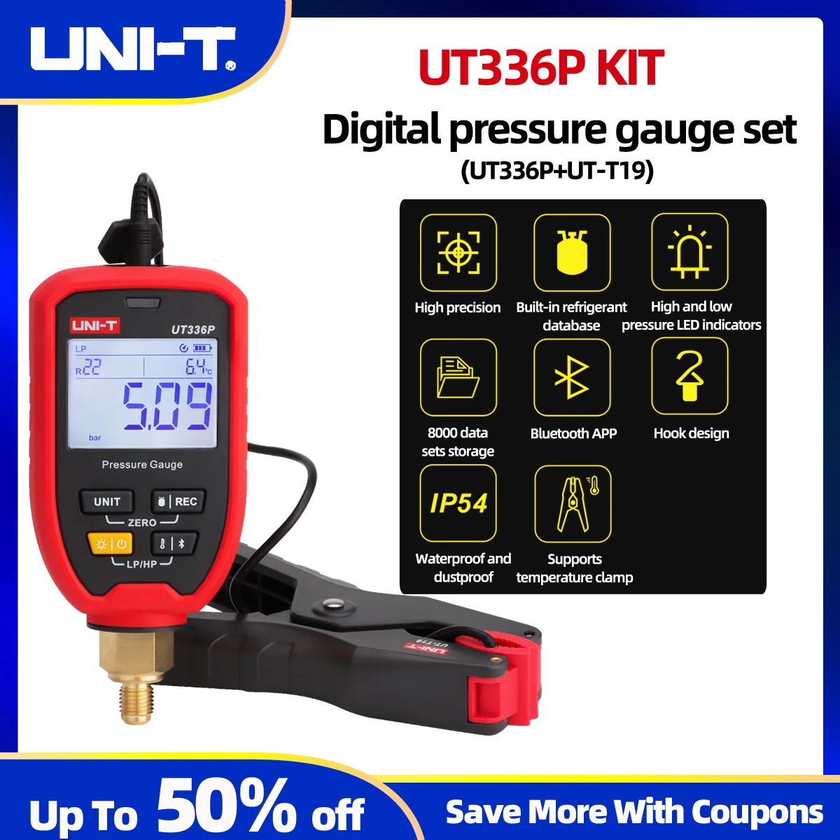UNI-T UT336P KIT/UT336P 디지털 압력계 (UT-T19 온도 클램프..