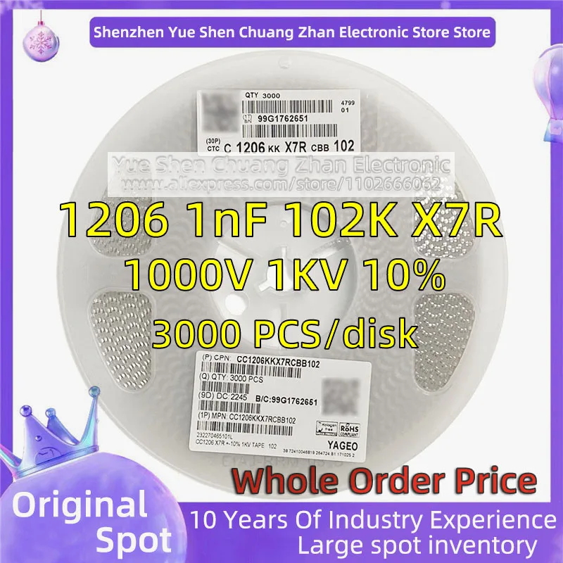 【 Whole Disk 3000 PCS 】3216 Patch Capacitor 1206 1nF 102K 1000V 1KV Error 10% Material X7R Genuine capacitor