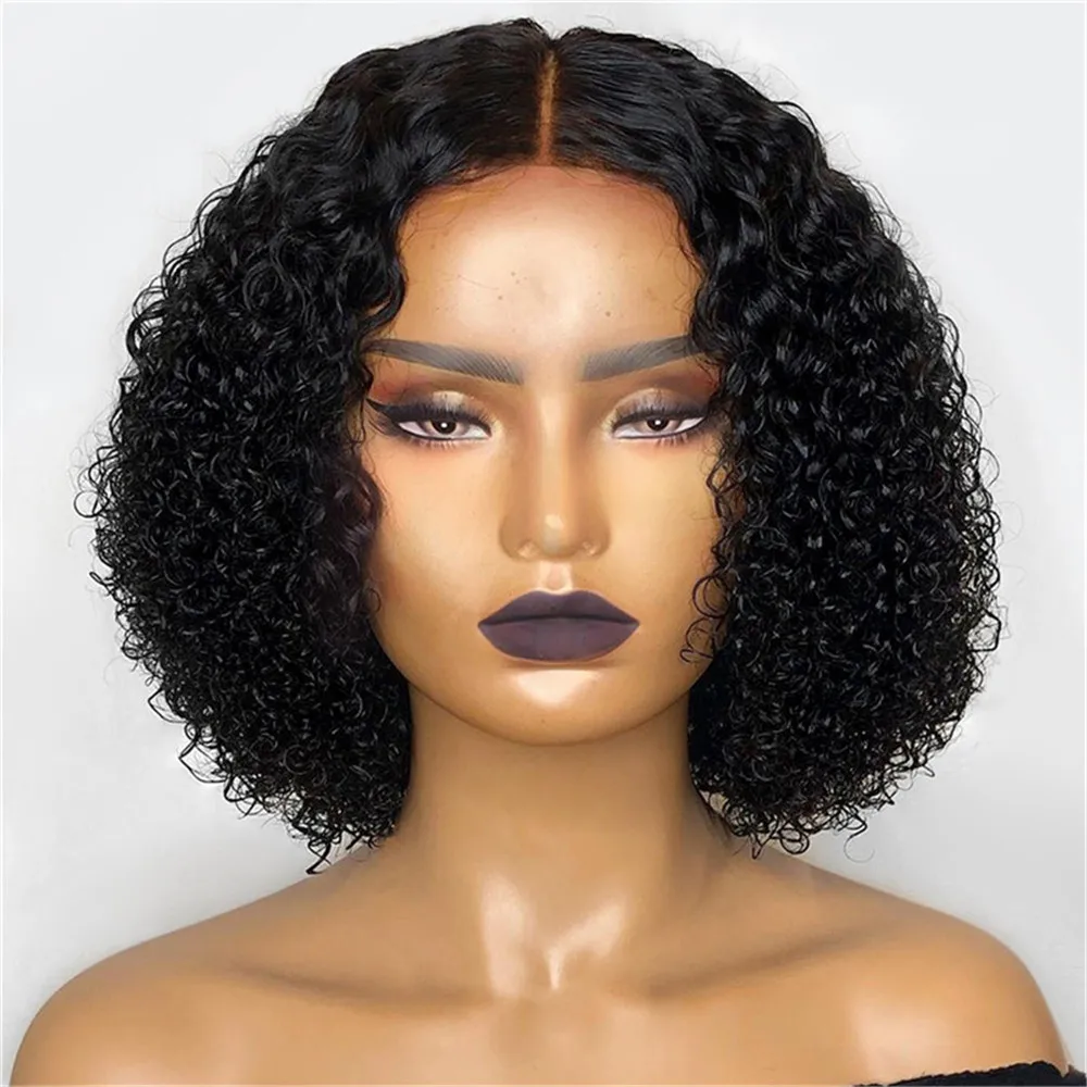 

12-16 inch Blunt Short Bob Soft Kinky Curly 180% Density Natural Black Machine Made Hair Wig For Women Daily Cosplay No Lace Wig
