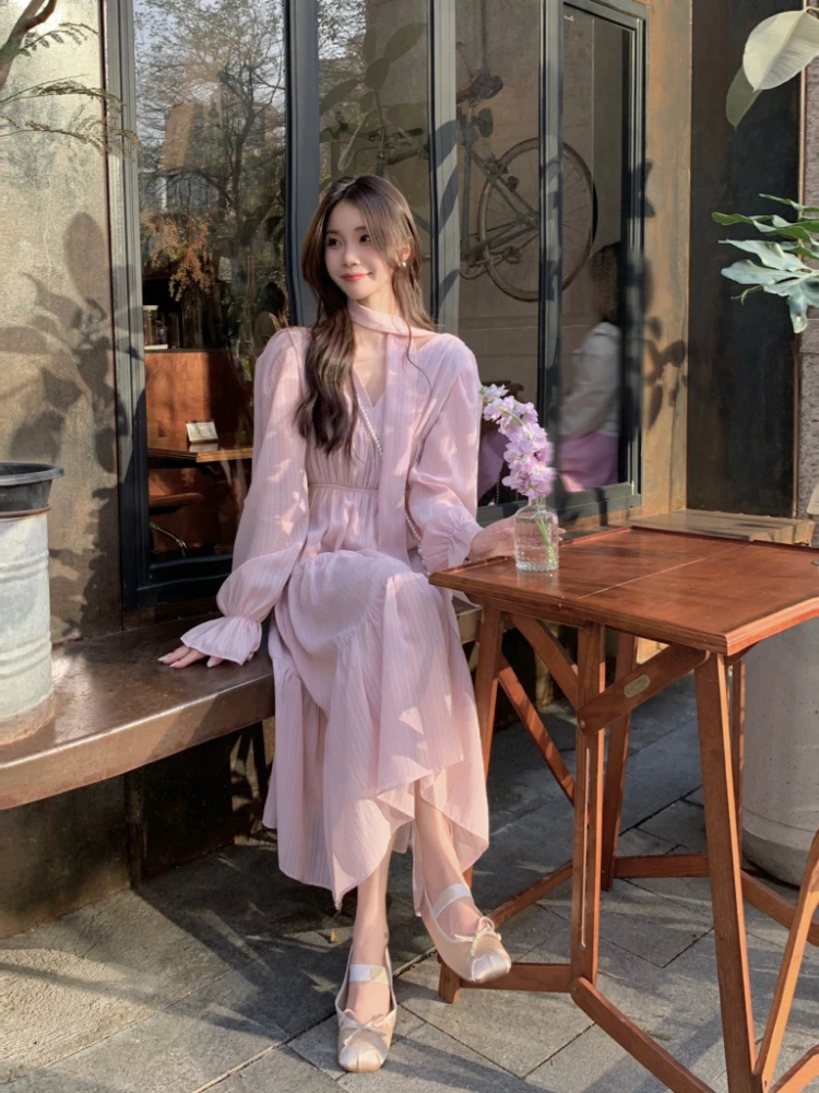 Elegant Autumn Midi Dresses for Women V-neck Flare Sleeves A-line Solid Korean Fashion Casual French Vintage Vestidos Mujer New
