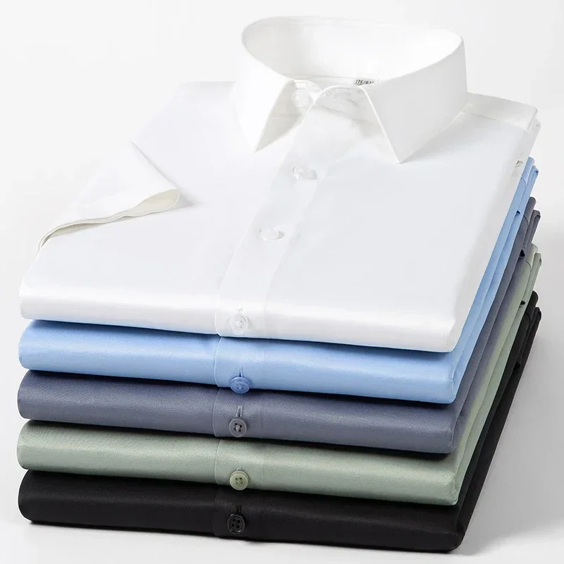 

2023 Summer Short Sleeve High Density Silky Material Solid Elastic Business Men Dress Shirts No Pocket Stretch Clothes