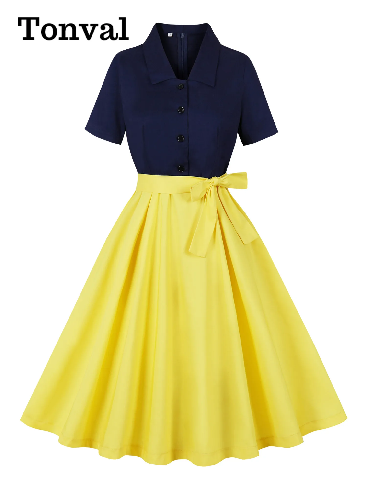 

Tonval Navy Blue and Yellow Two Tone 50s Retro Women Turn-Down Collar Buttons Belted Summer Patchwork Vintage Dresses