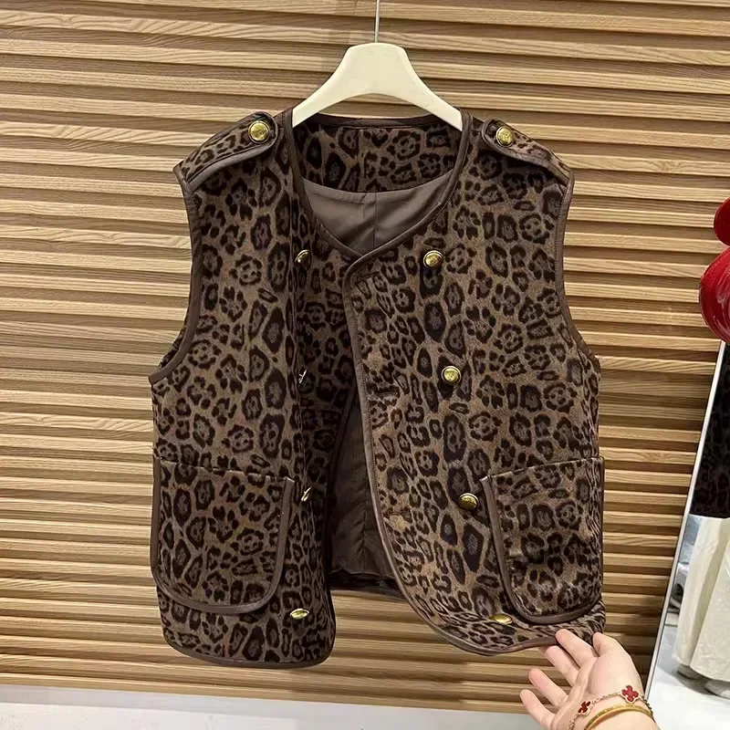 French style double breasted leopard print vest jacket for women in spring, fashionable and casual Western style vest versatile 1