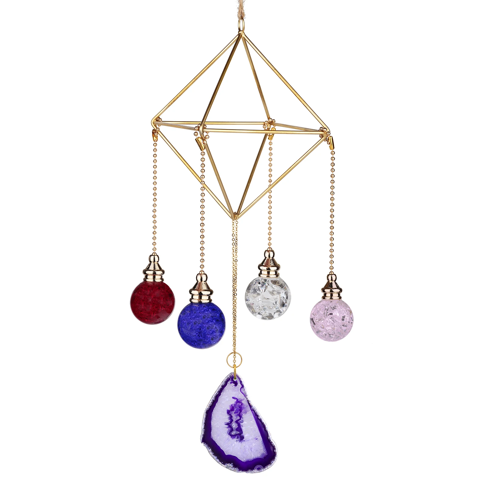 Metal Geometric Hanging Air Plant Holder With Agate Slices Wind Chimes Colorful Crystal Ball Hanging Ornament For Home Decor