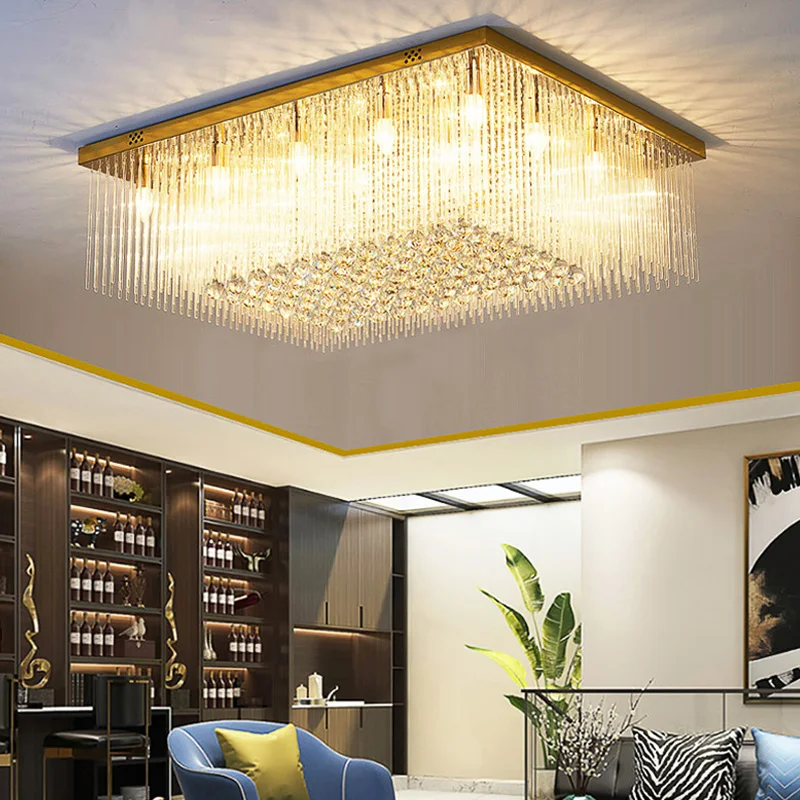 

Atmosphere Hotel Living Room Crystal Ceiling Light Rectangular Dining Room Bedroom Gold Ceiling Lamps Modern LED Household Lamp