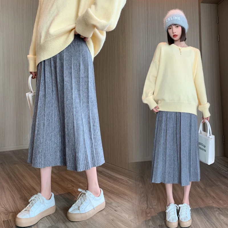Winter Maternity Belly Knitted Skirts Pregnancy Full-skirted High Waist Long Loose Umbrella Skirt Plus Size Pregnant Women Skirt