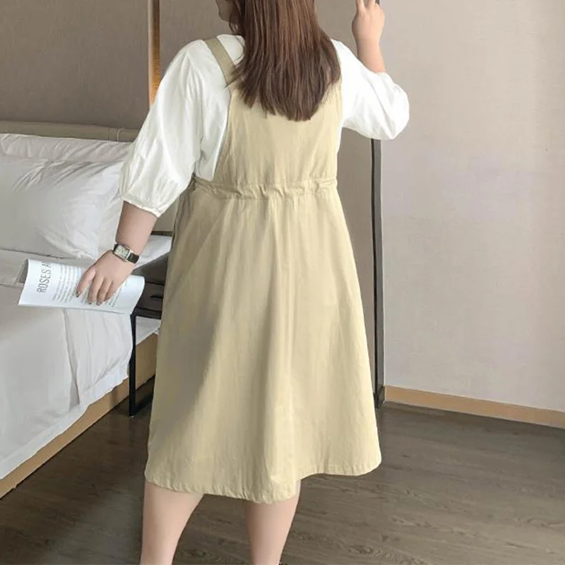 Korean Solid Color Shirring Patchwork Pockets Twill Fabric Strap Dress Casual Round Neck Three Quarter Sleeve Top Plus Size Sets