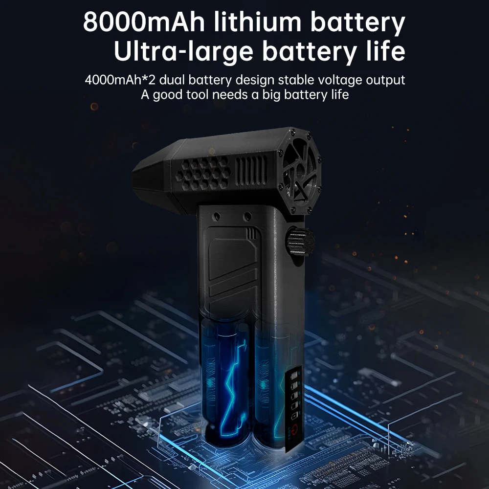 Handheld turbo fan showing ergonomic design and battery display.