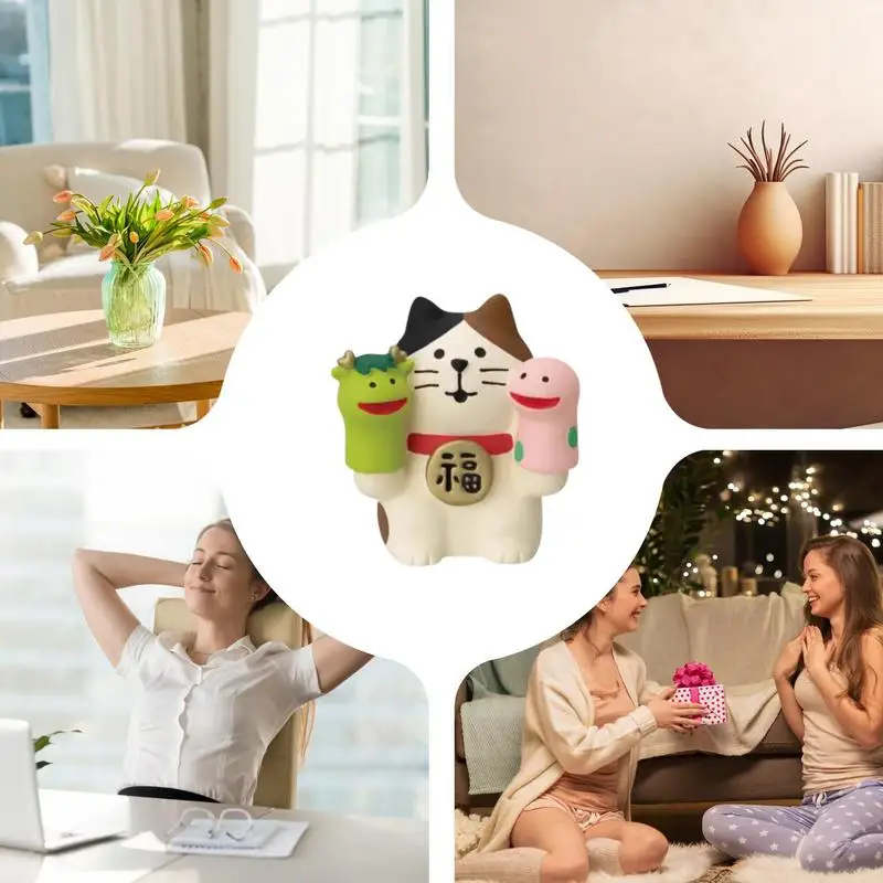 Snake Year Fortune Cat Ornament Small Resin Sculpture Chinese New Year Lucky Cat Crafts Spring Festival Home Garden Decoration