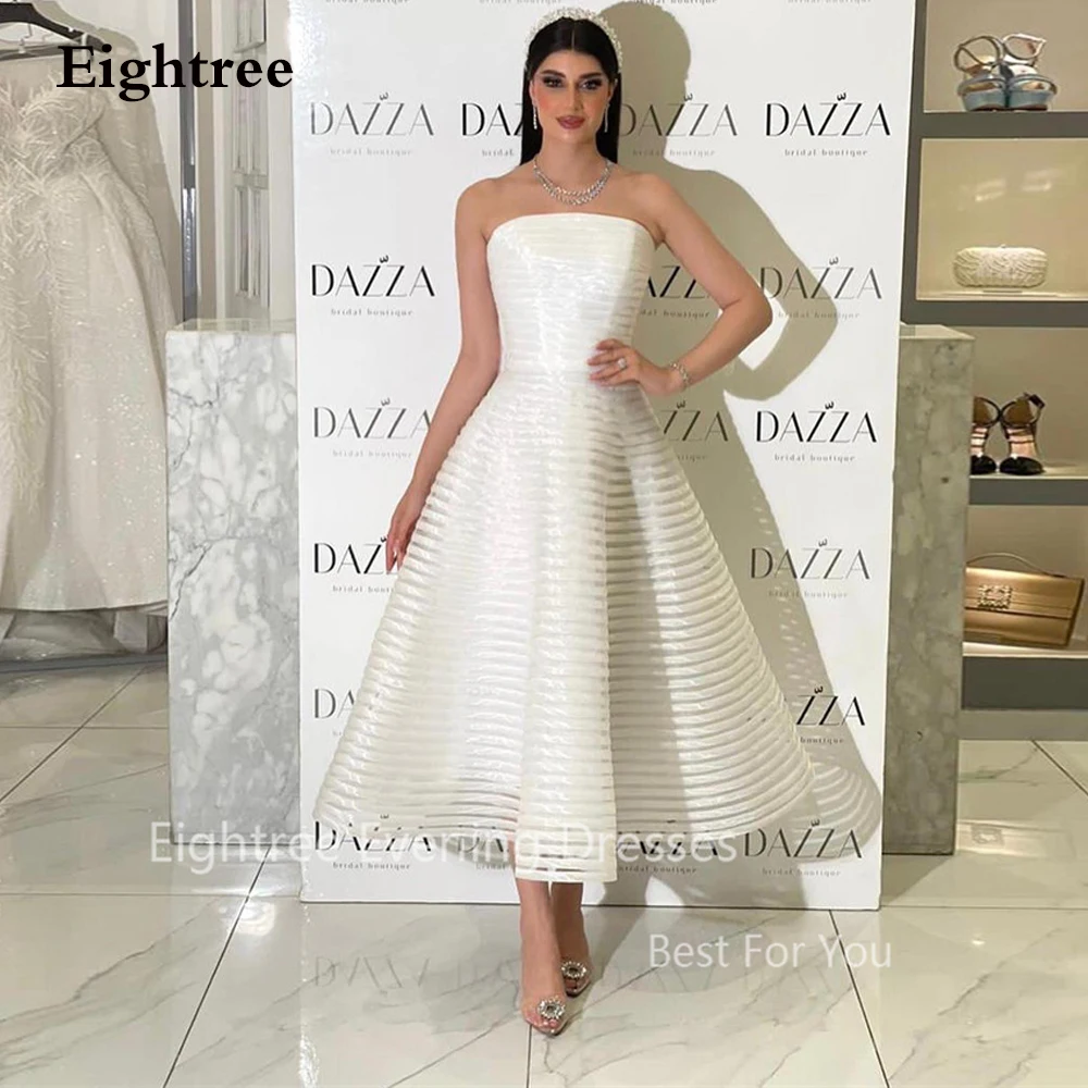 

Eightree Strapless Organza A Line Formal Evening Dresses Dubai Arabic Women Party Gowns Prom Tea Length Special Occasion Dress