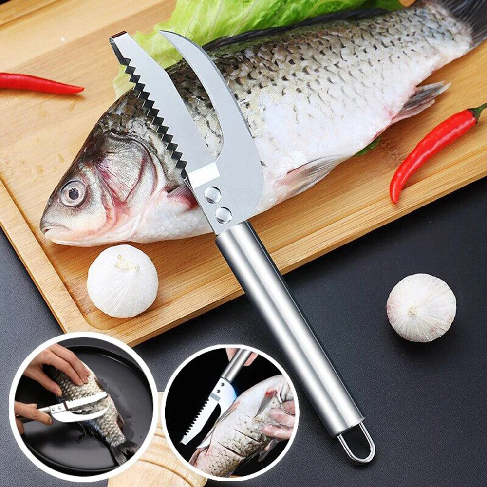 Fish Scale Scraper 3 In 1 Stainless Steel Fish Scale Knife Sawtooth Peelers Scraping Boning Filleting Stomach Digger Kitchen Tools