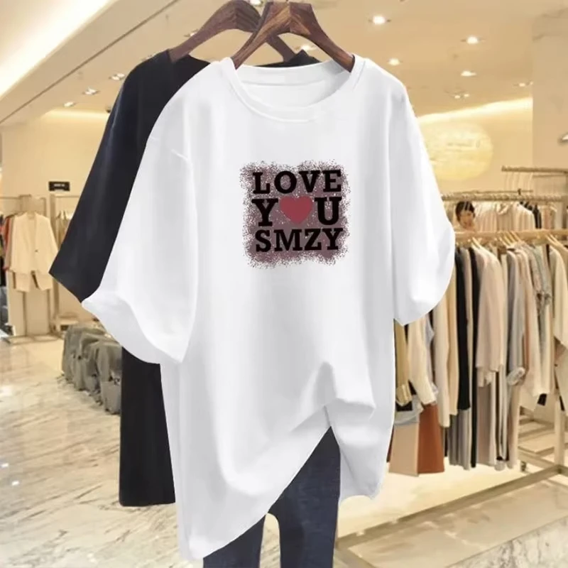Damenbekleidung: Lockeres T-Shirt aus reiner Baumwolle mit Sommer-Letter-Love-Print, kurzärmelig, lässig, Basic, O-Ausschnitt, vielseitig bedruckte Oberteile – Detail 7