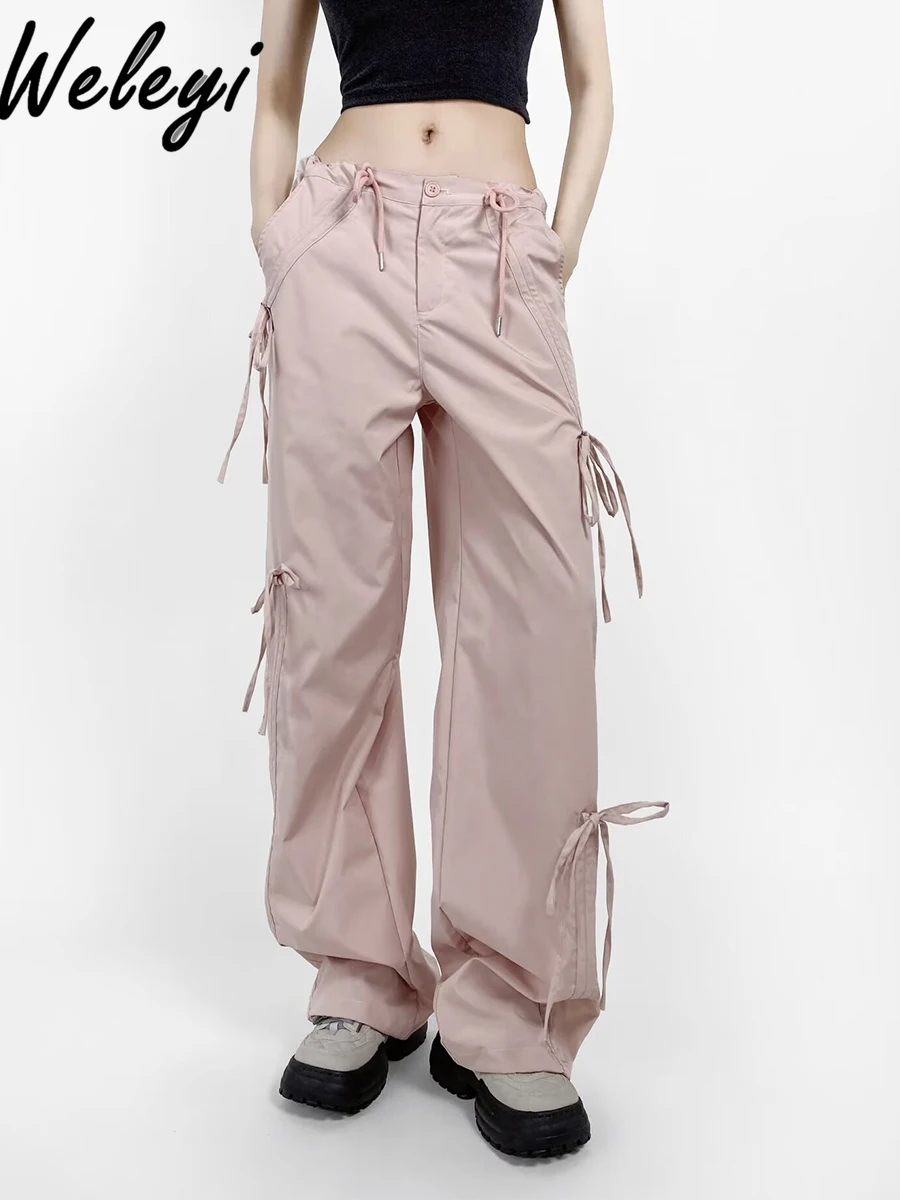 American Sweet Women's Workwear Pants 2024 Fashion Streetwear Spicy Girl Bow Tie High Waisted Drawstring Loose Casual Pantalones