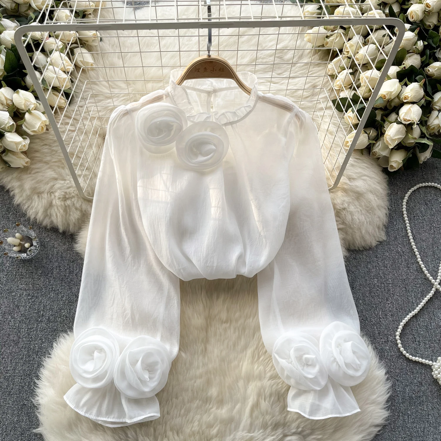 Sexy Puff Sleeve Long Sleeve O-Neck 3D Floral Pleated Blouse Slim Elegant Fashion Basic Chic Spring Summer Women Chiffon Shirt
