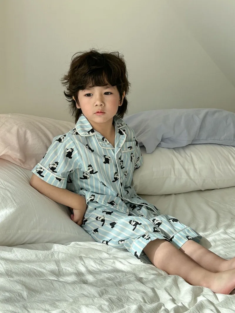 Children's Pajamas Summer 1-8Y Home Clothing Set Thin Pure Cotton Boys Lapel Top Pants 2Pcs Suit Girls Cartoon Printed Sleepwear