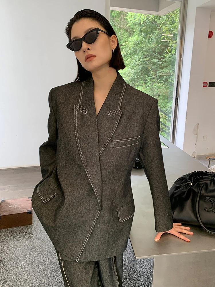 BJTZ Big Size Black Denim Jacket Wide Leg Pants Two Piece Suit New Lapel Long Sleeve Women Fashion Spring Autumn 2024 2