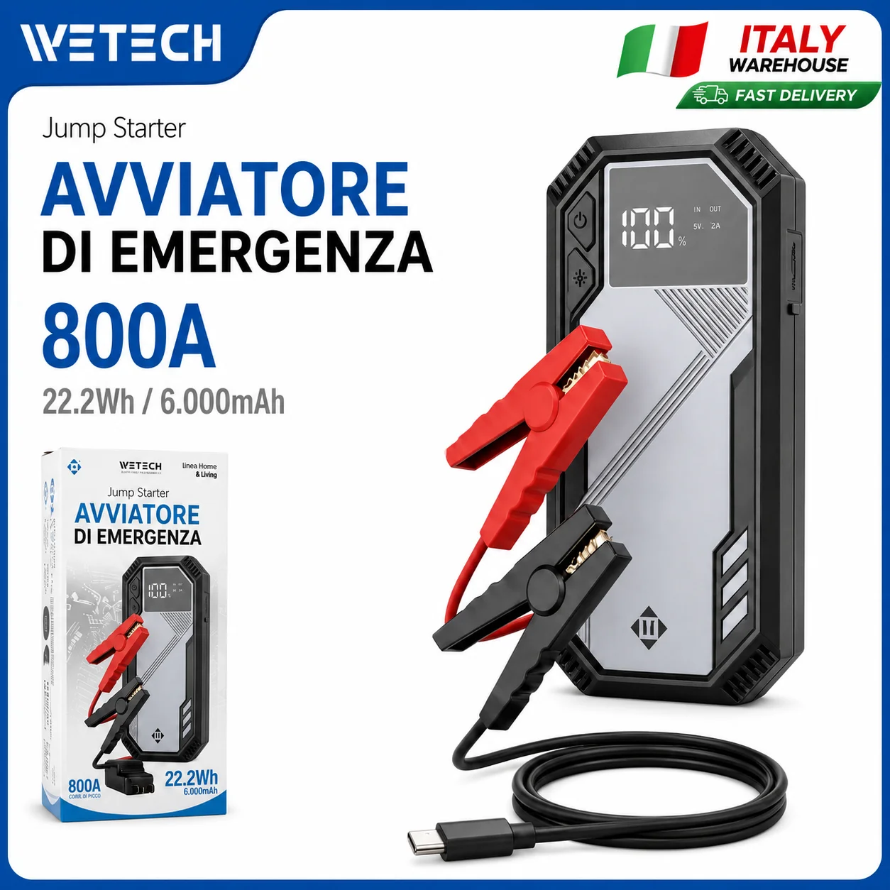 Démarreur de voiture 800A, batterie de secours portable 6000mAh, booster de batterie 22.2Wh, dispositif de démarrage automatique 12V avec lumière LED et port Type-C 1