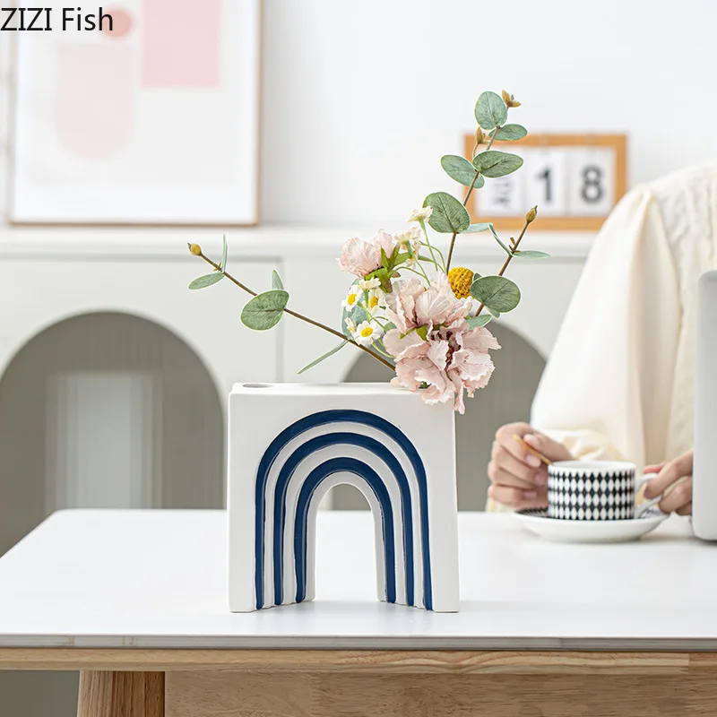 Blue and White Stripes Ceramic Vase Desk Decoration Artificial Flower Decorative Flower Arrangement Vases Room Aesthetic Decor 2