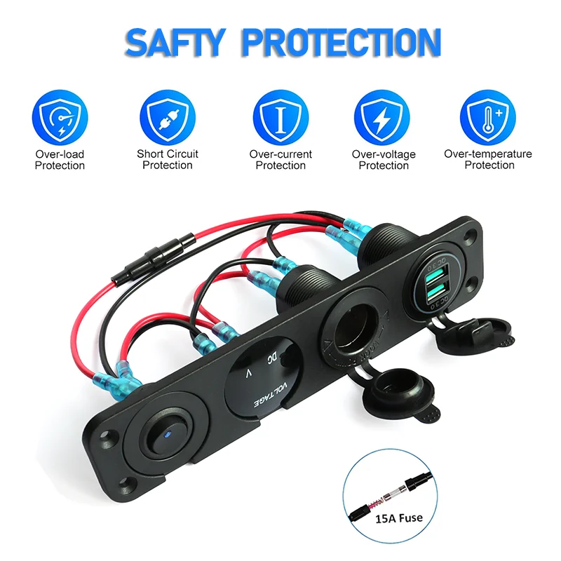 4 in 1 Charger Outlet Socket Panel QC 3.0 Dua 12V USB Power Outlet Car Voltmeter Cigarette Lighter Socket Rocker Toggle Switch 4