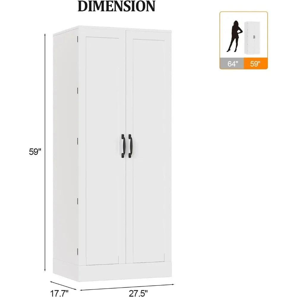 Pantry Cabinet,Tall White Kitchen Storage Cabinet with 2 Doors and Adjustable Shelves, 59" H Food Storage Freestanding Cupboard 3