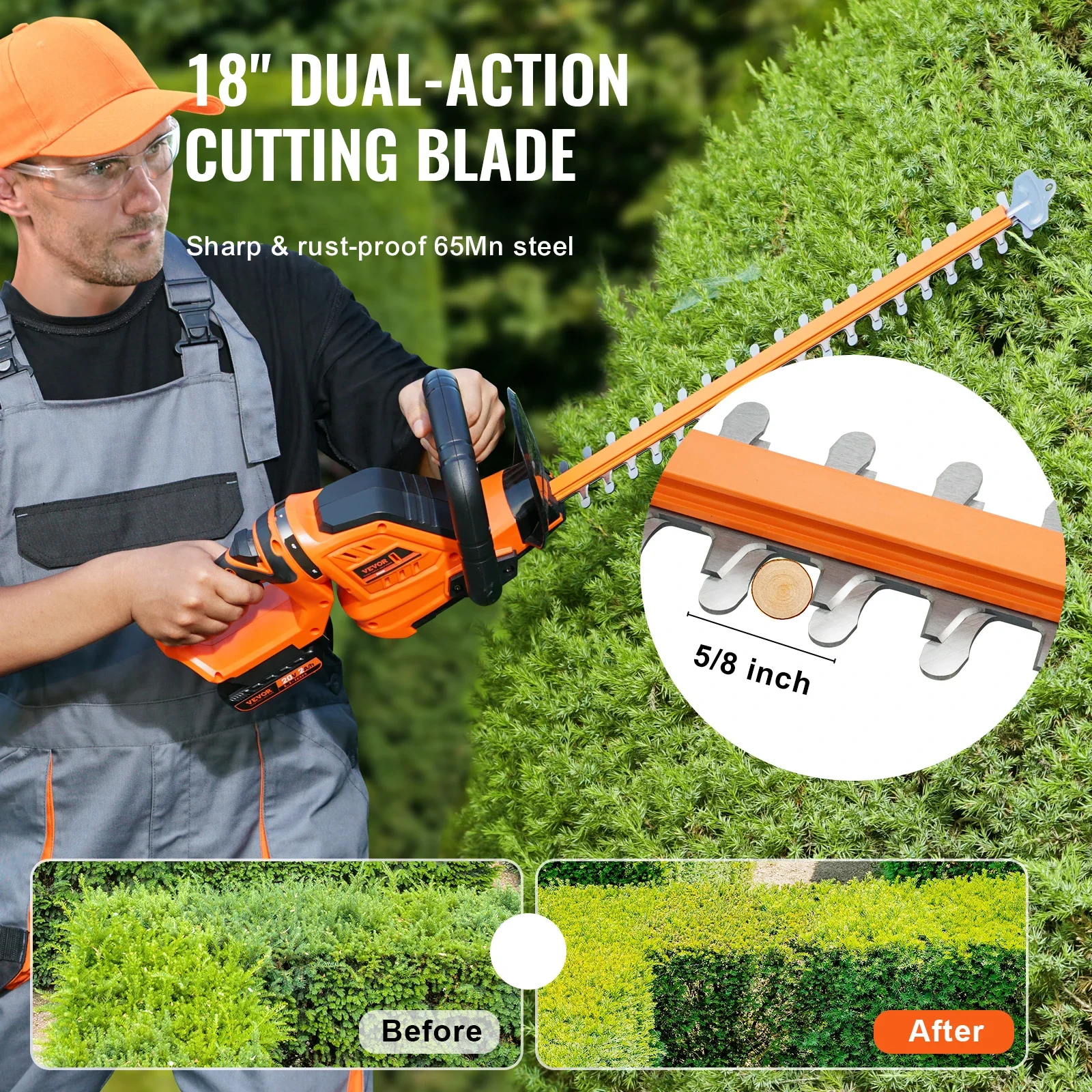 VEVOR 20V Cordless Hedge Trimmer 18 Inch Double-edged Steel Blade Hedge Trimmer Kit 20V Battery Charger And Blade Cover Included