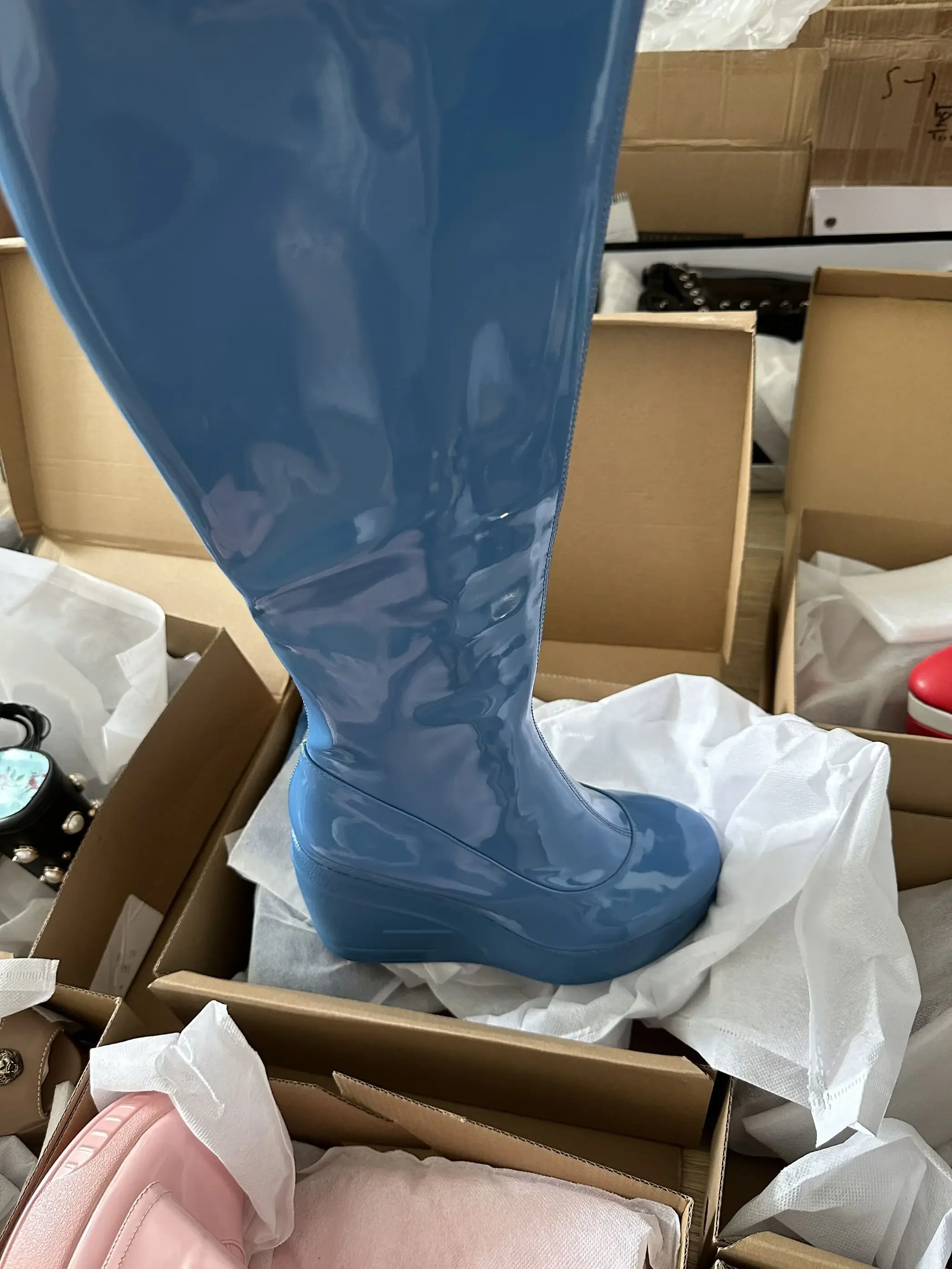 2024 Spring New Slope Heel Thick Bottom Round Toe High Heel Boots Fashion Sexy Cross-border Women's Plus Size Knee-high Boots